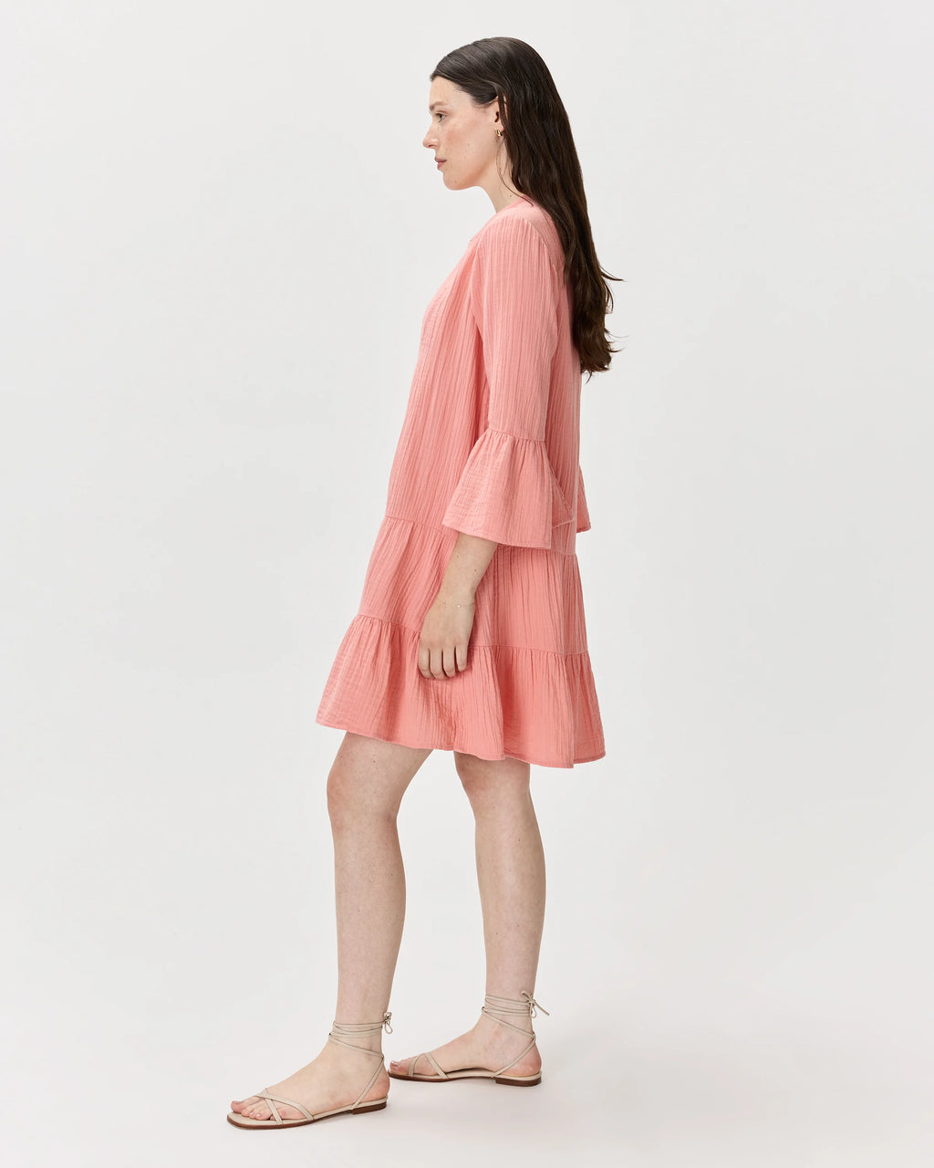 100% Organic Cotton Gauze Long Sleeve Tiered Mini Dress - XS / Amaranth Pink