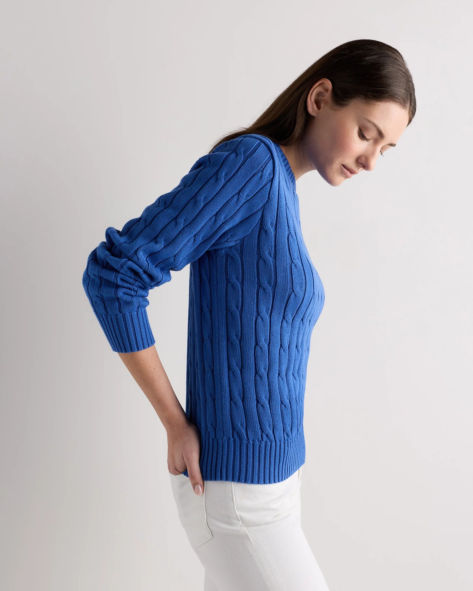 100% Organic Cotton Cable Crewneck Sweater - XS / Sapphire Blue Secondary image