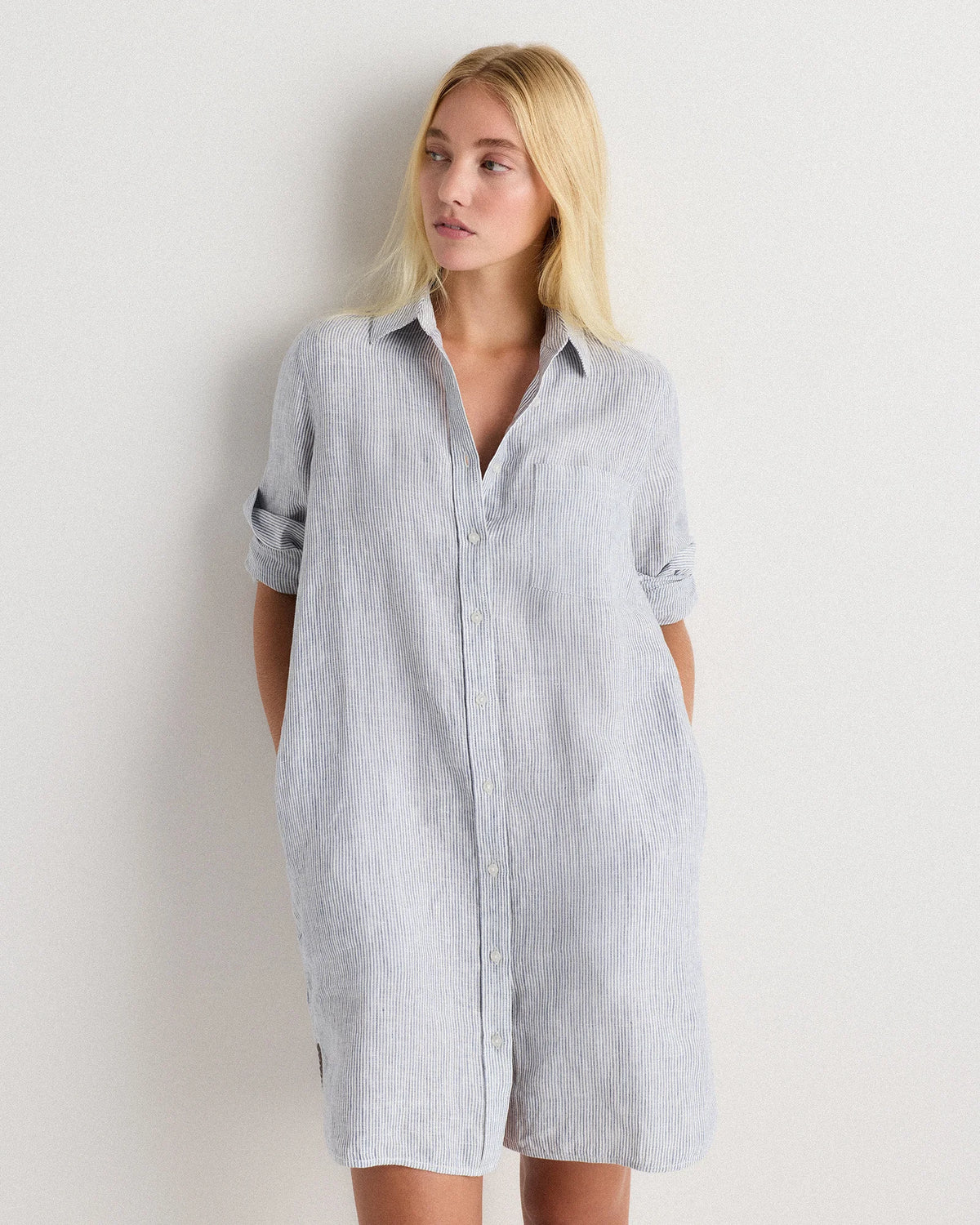 100% European Linen Shirt Dress - XS / Sky Blue Mariner Stripe