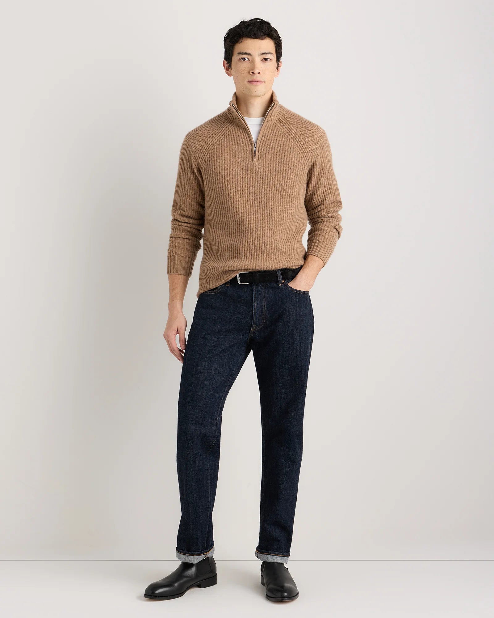 Mongolian Cashmere Fisherman Quarter Zip Sweater - S / Navy Marl Secondary image