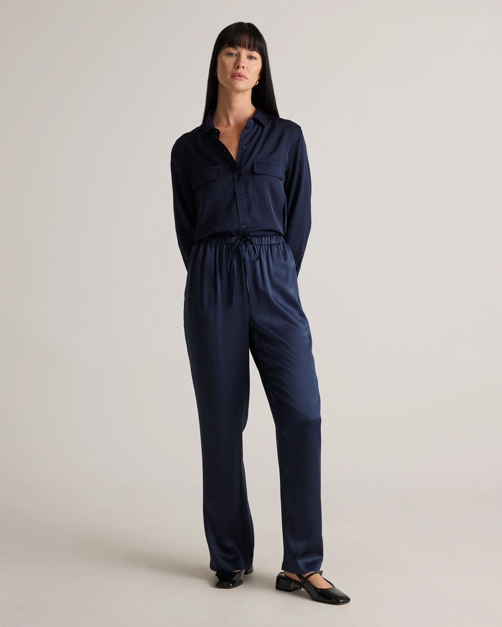 100% Washable Silk Drawstring Wide Leg Pants - XS / Black