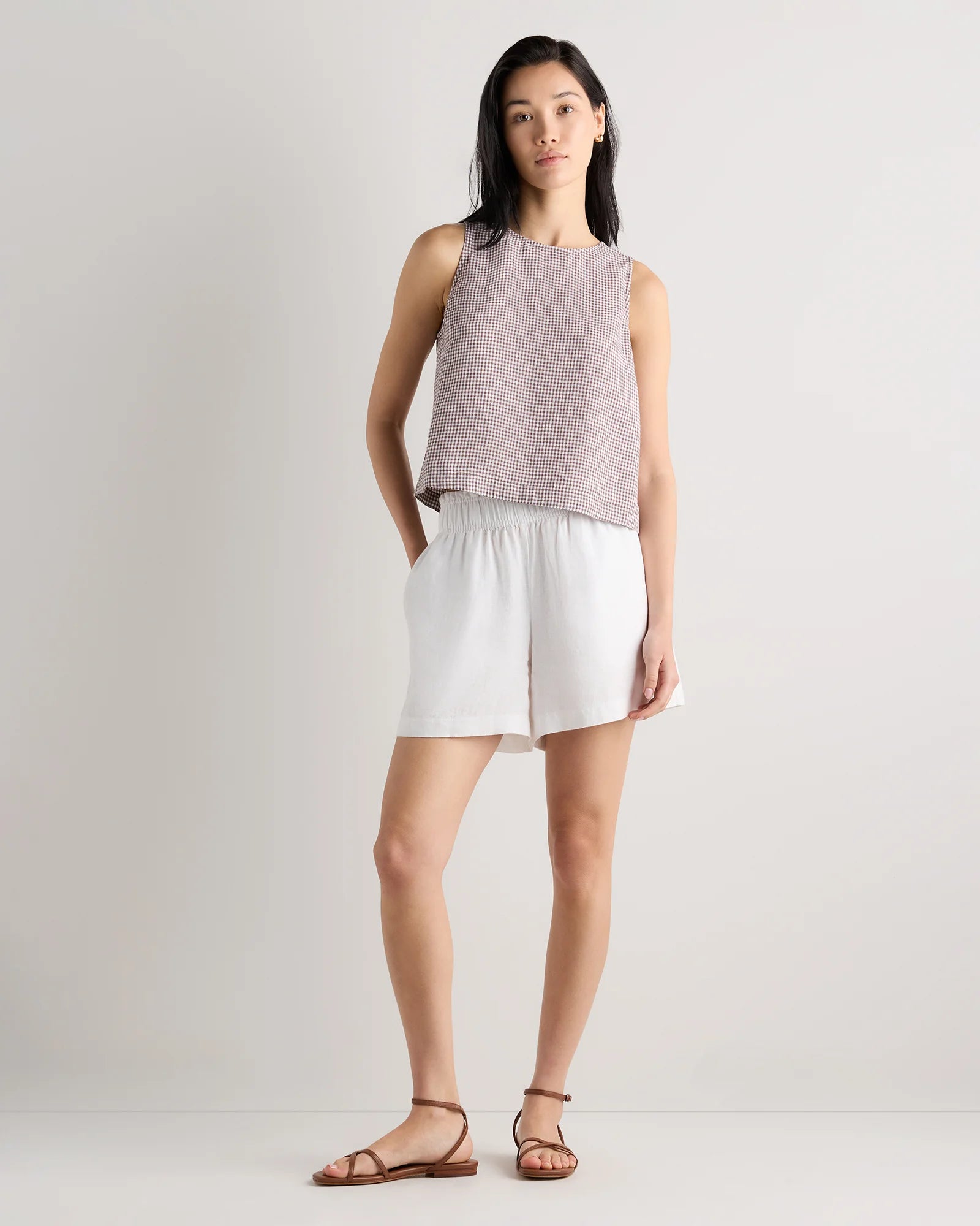 100% European Linen Cropped Tank - XS / Taupe Brown Gingham Secondary image