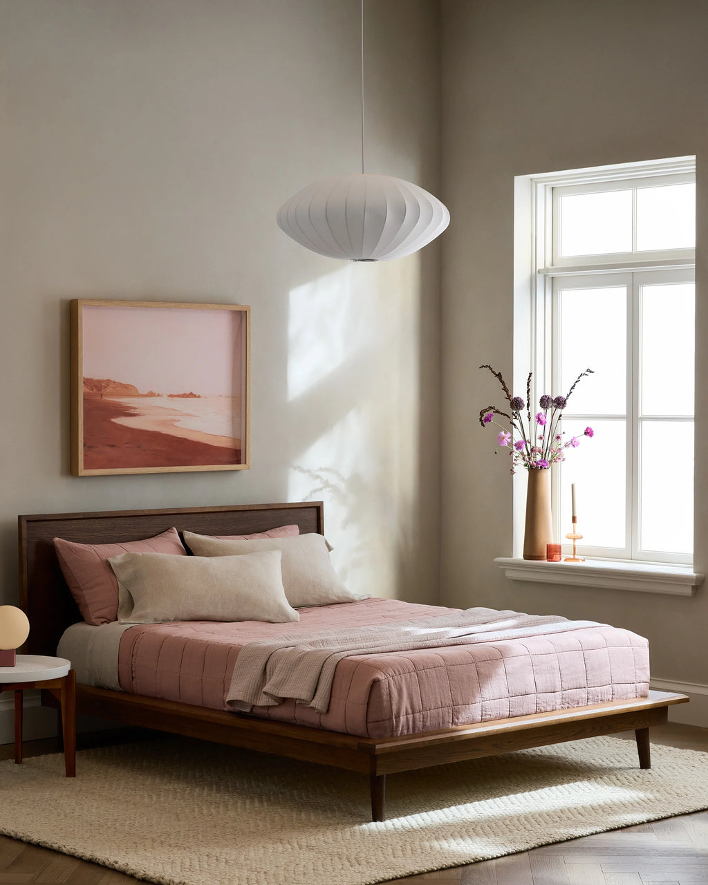 Solid Wood Midcentury Platform Bed - Queen / Chestnut Ash