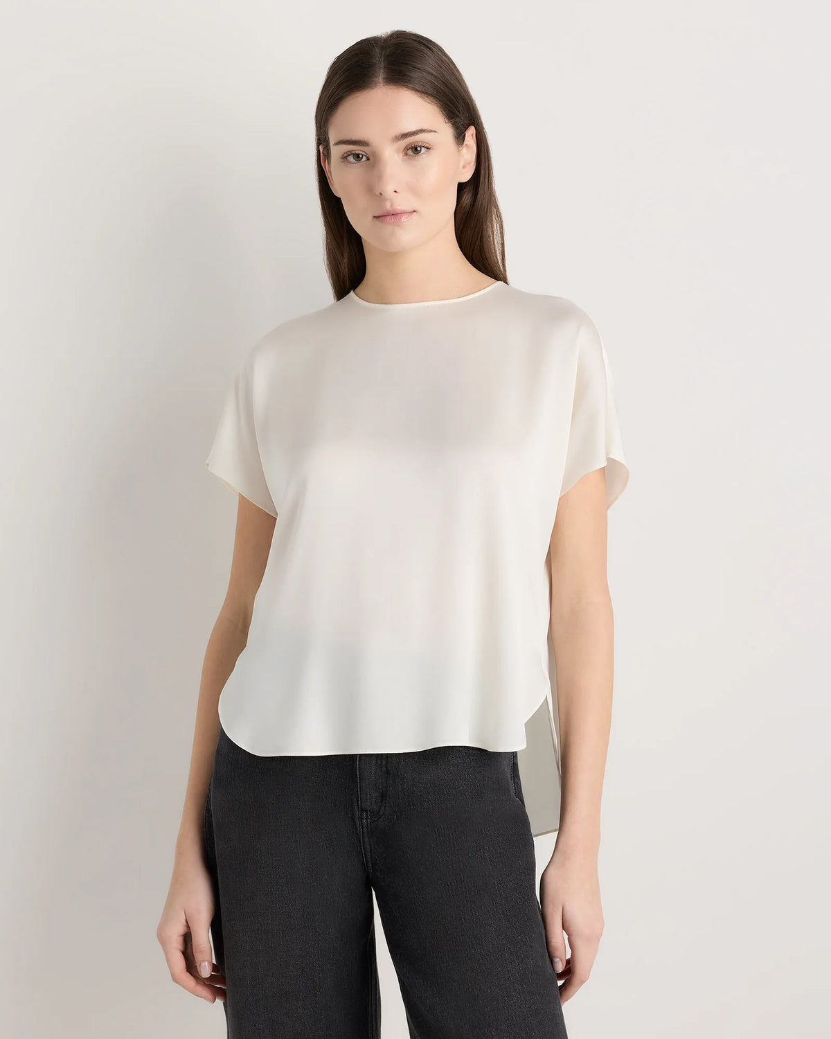 Washable Stretch Silk Split Hem Tee - XS / Ivory Main image