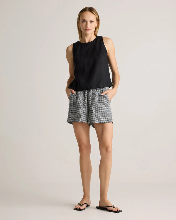 100% European Linen Cropped Tank - XS / Taupe Brown Gingham