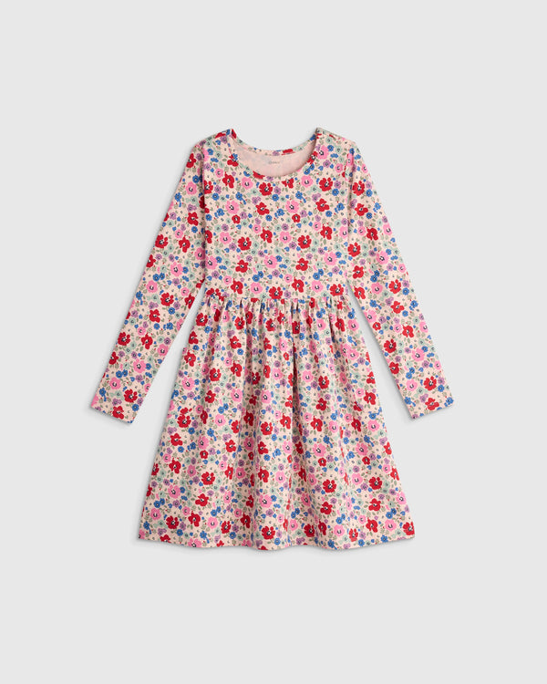 Organic Cotton Long Sleeve Fit and Flare Pocket Dress - 2T / Purple Poppy Garden