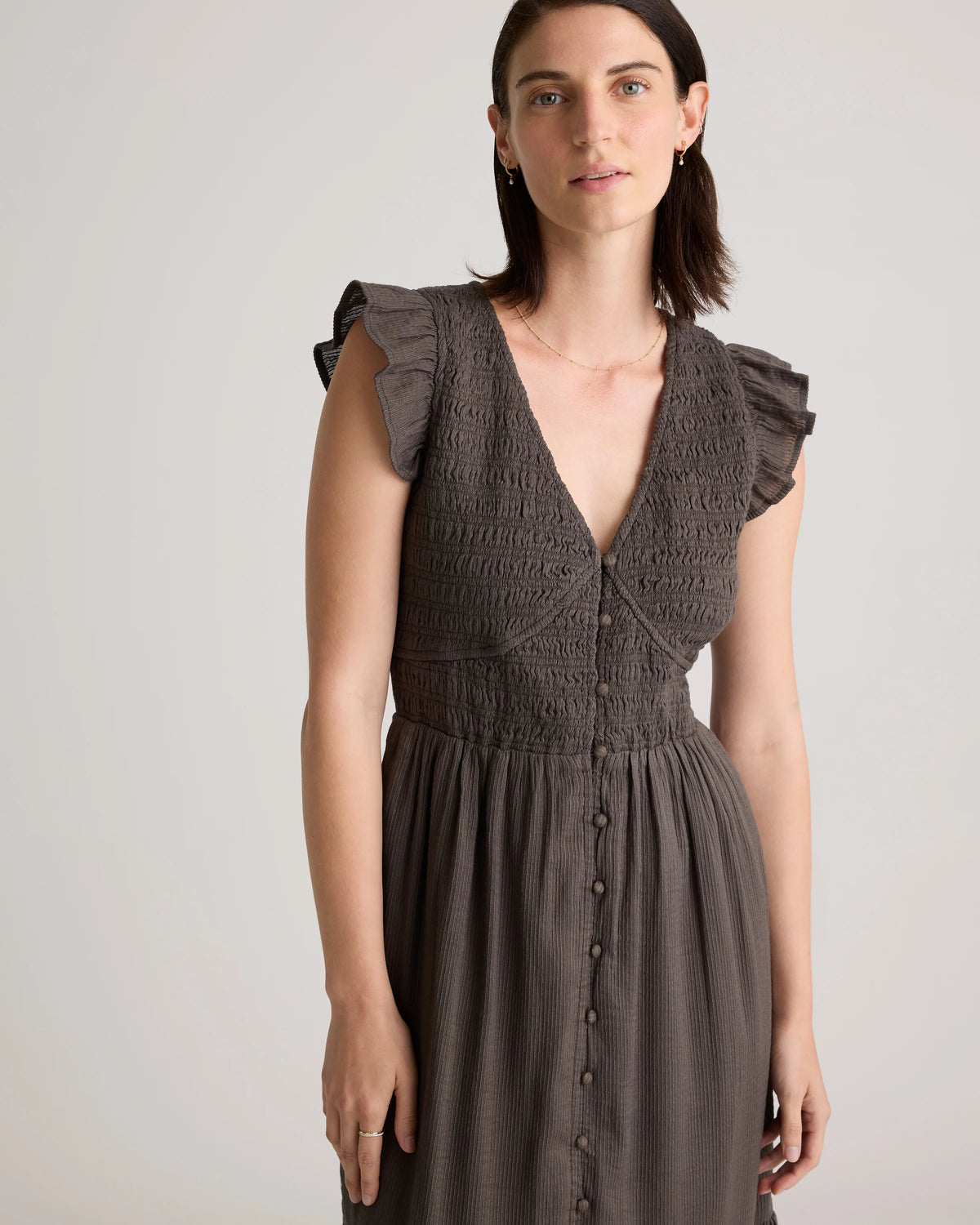 Organic Textured Cotton Smocked V-Neck Midi Dress - XS / Pale Custard Yellow
