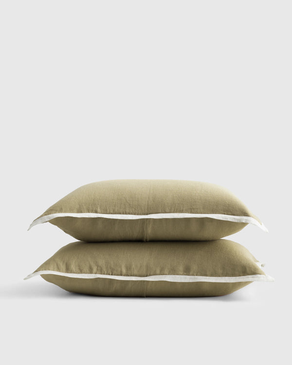 European Linen Contrast Flange Sham Set - Standard / Aloe/Sand