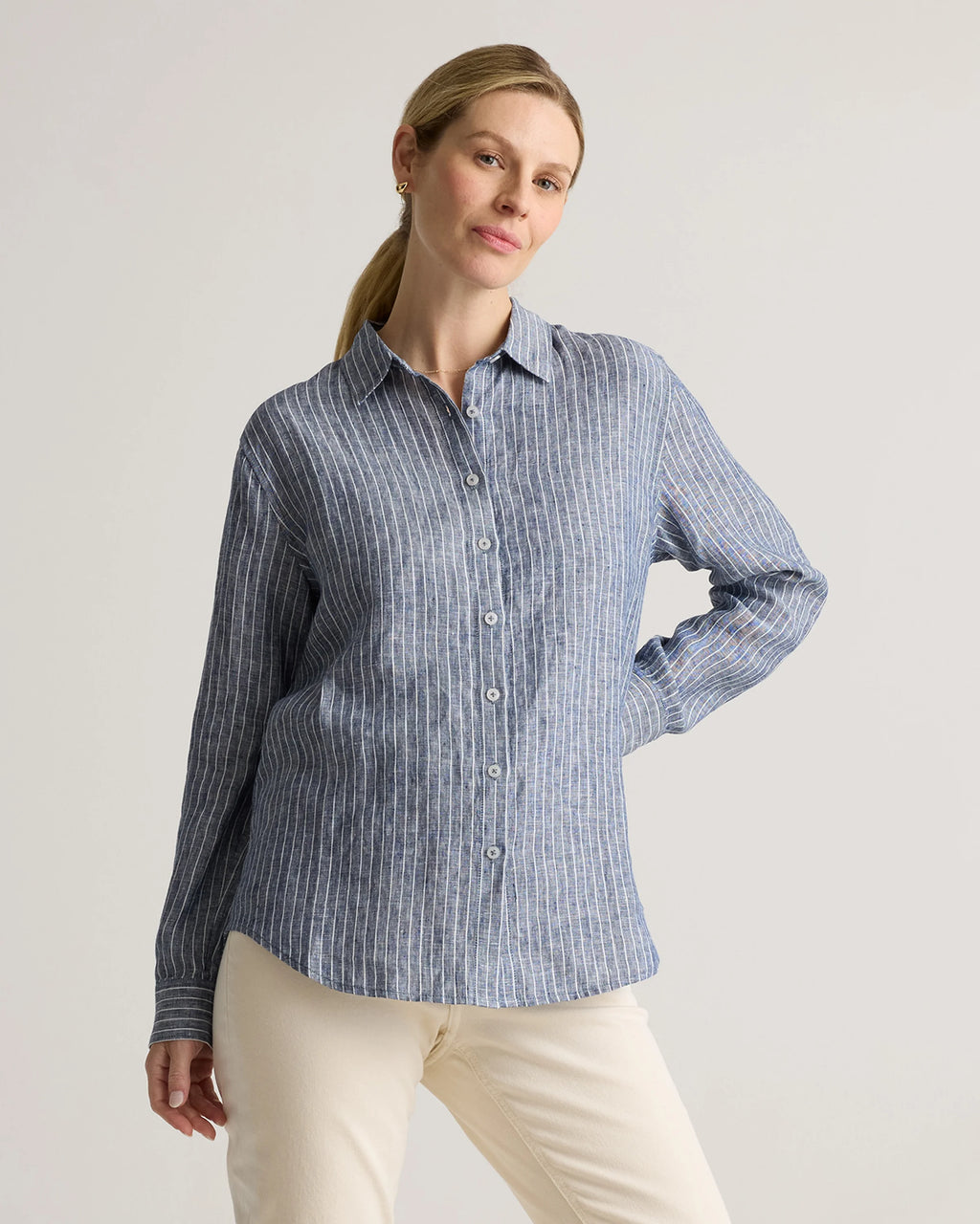100% European Linen Maternity Long Sleeve Shirt - XS / Blue Pinstripe