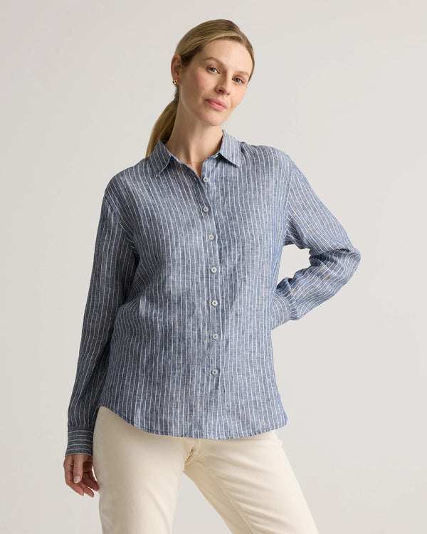 100% European Linen Maternity Long Sleeve Shirt - XS / Blue Pinstripe