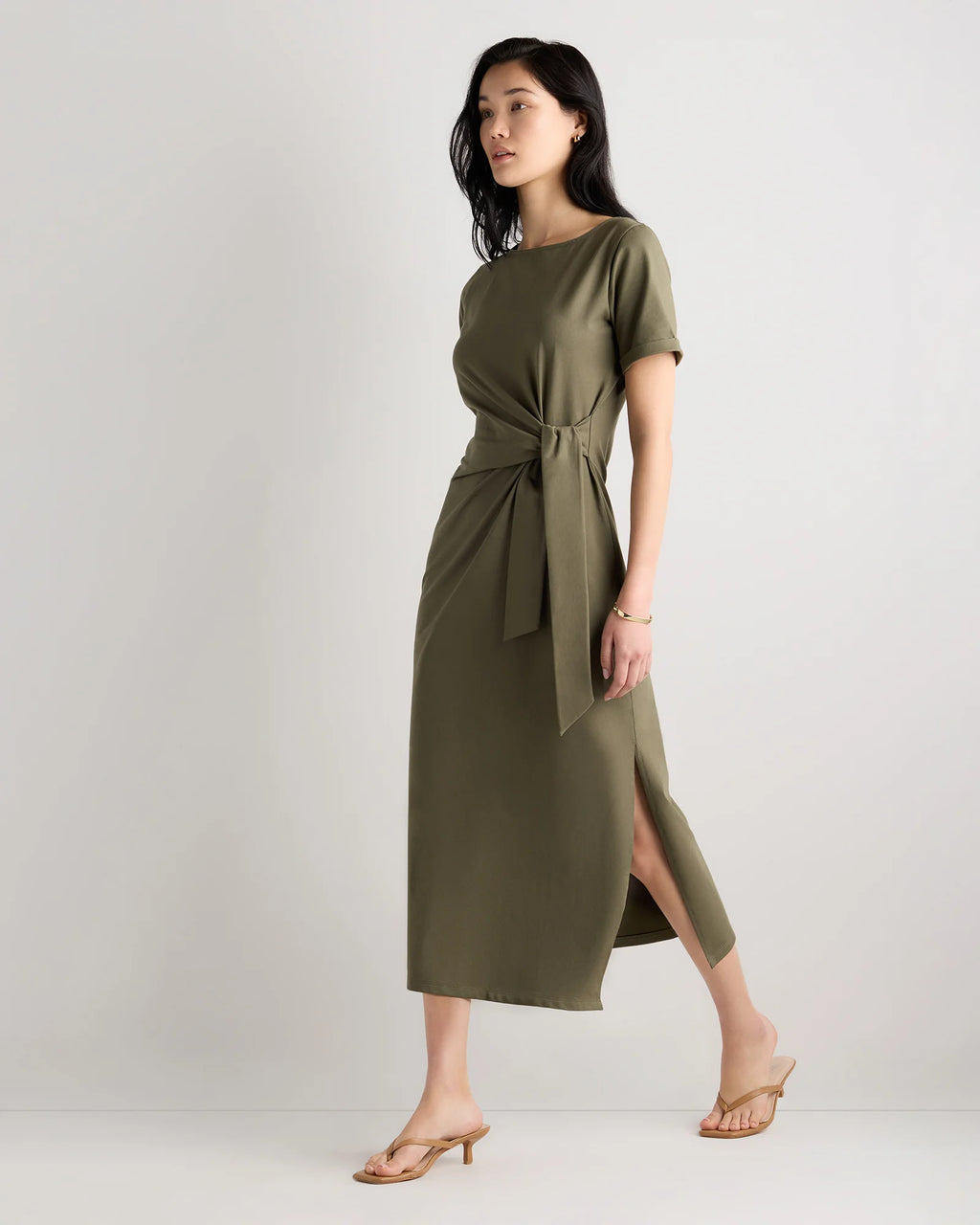 Stretch Cotton Jersey Side Tie Midi Dress - XS / Spiced Orange
