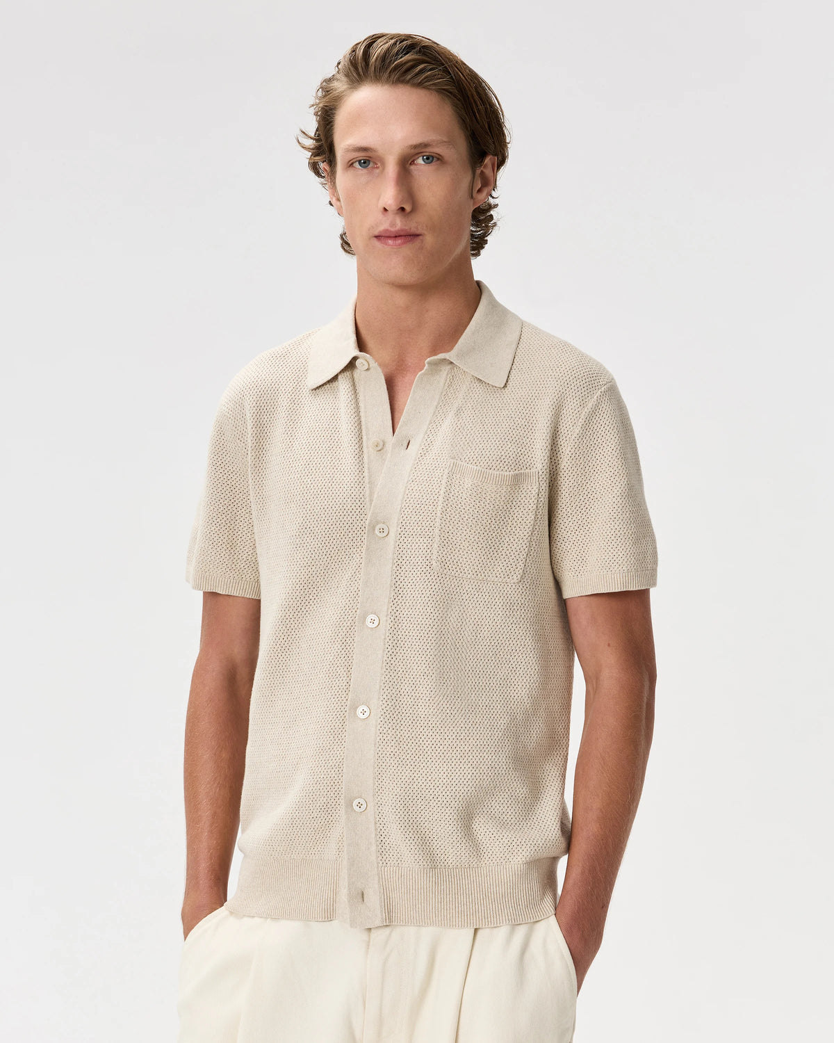 100% Organic Cotton Mesh-Stitch Button-Up Sweater Polo - XS / Speckled Beige Main image