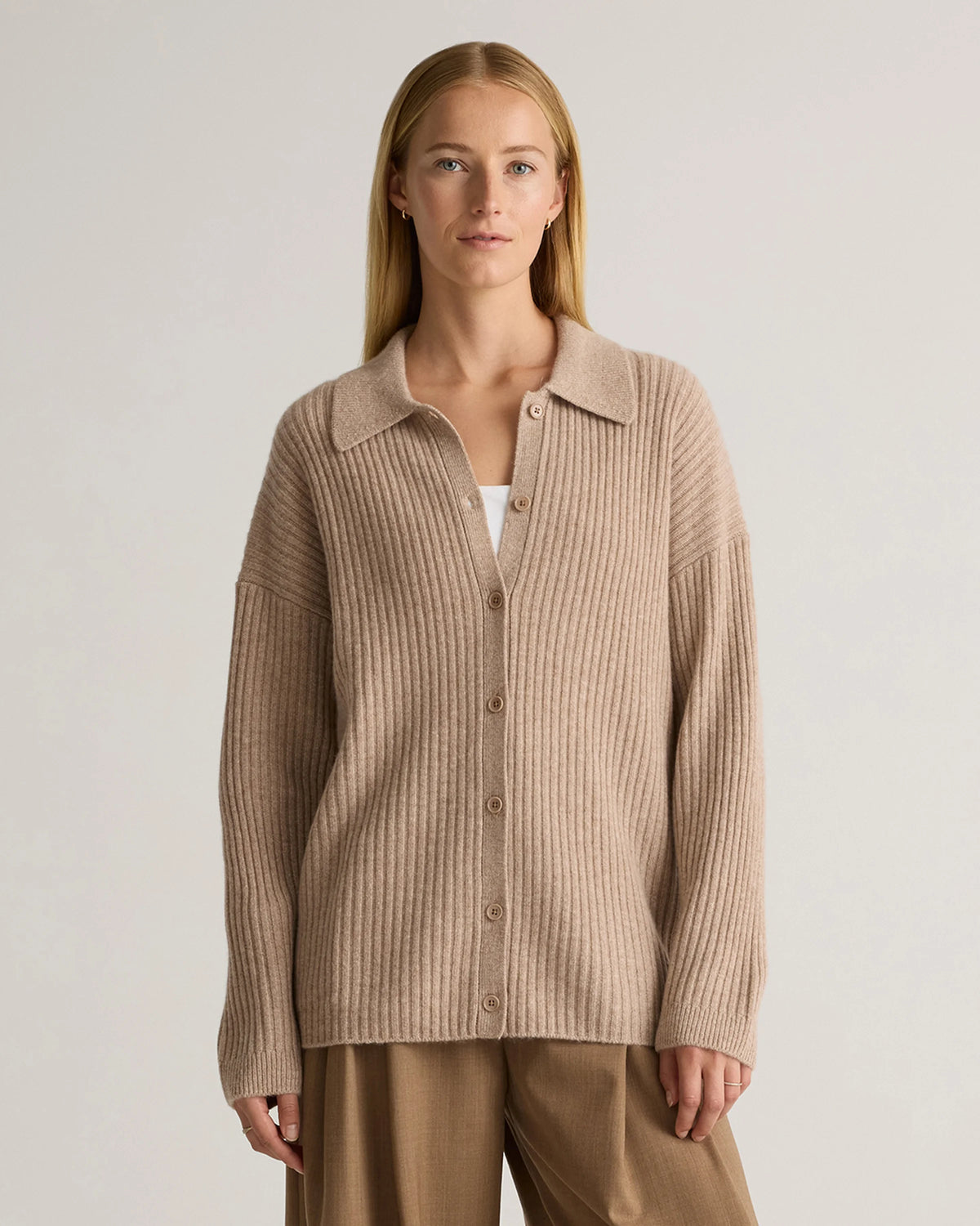 Mongolian Cashmere Wide-Rib Oversized Collared Cardigan - XS / Oatmeal Main image