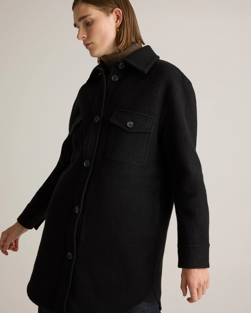 100% Merino Wool Long Shirt Jacket - XS / Heather Bone
