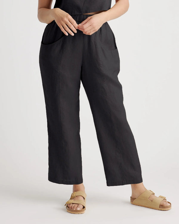 100% European Linen Tapered Ankle Pants - XS / Blue Pinstripe