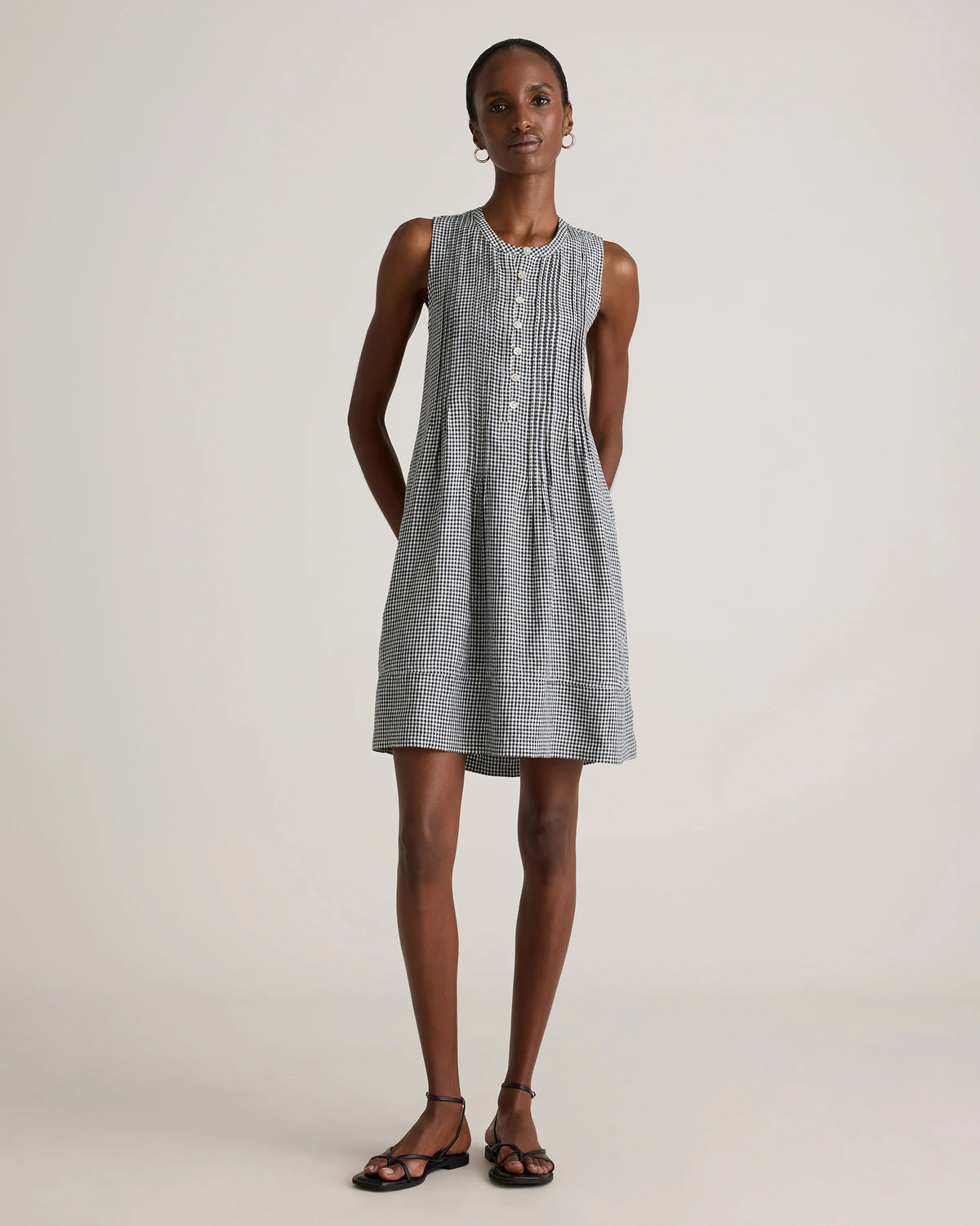 100% European Linen Sleeveless Swing Dress - XS / Classic Mini Gingham Main image