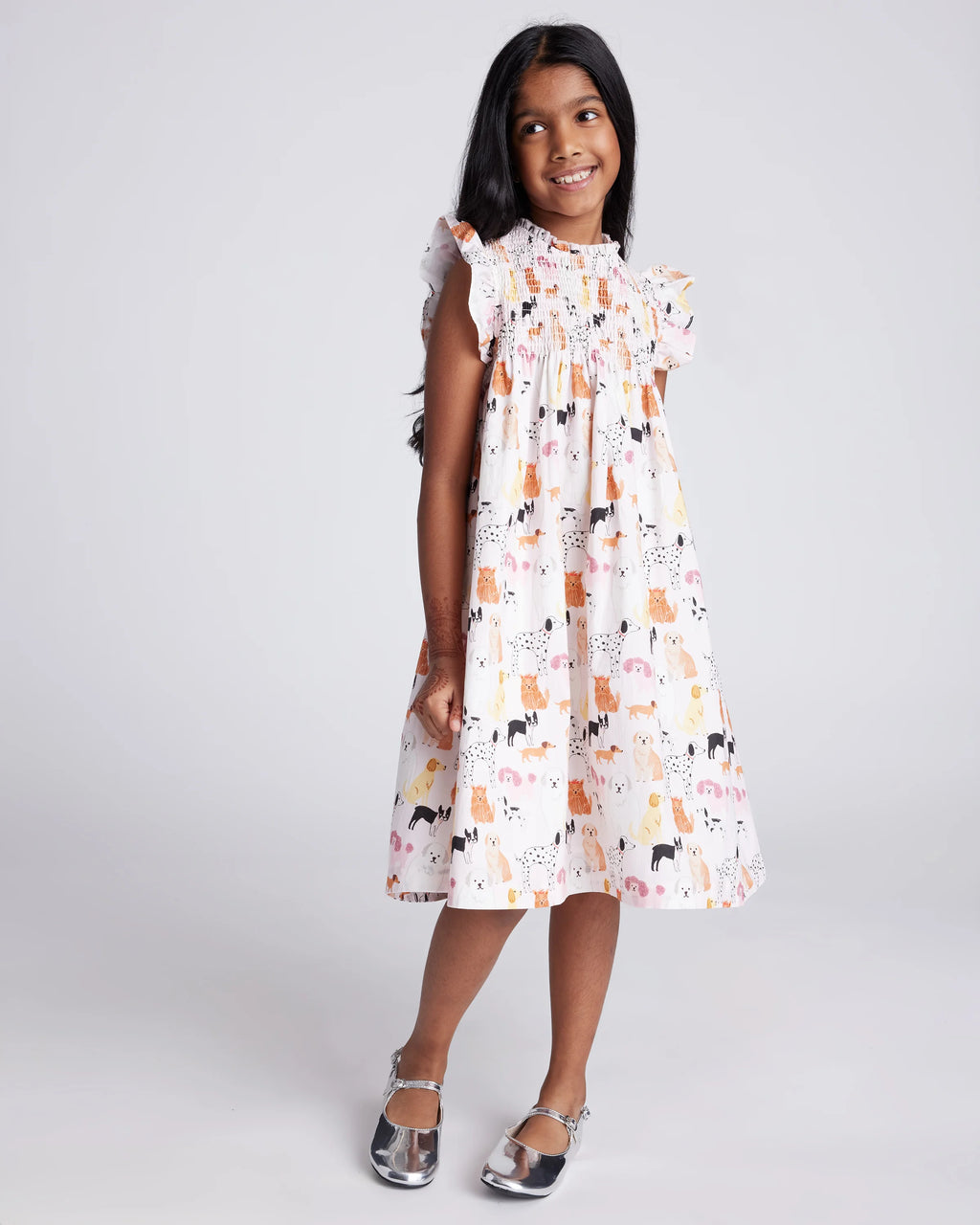 100% Organic Cotton Poplin Smocked Flutter Sleeve Dress - 6 / Blue Ditsy Floral