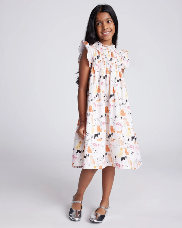 100% Organic Cotton Poplin Smocked Flutter Sleeve Dress - 6 / Blue Ditsy Floral
