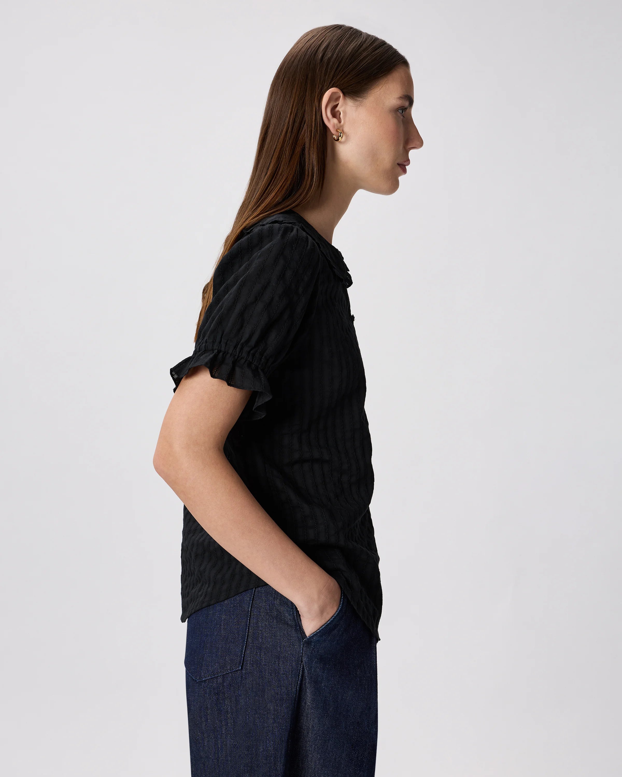 Embroidered Cotton Ruffle Collar Short Sleeve Blouse - XS / Classic White Secondary image