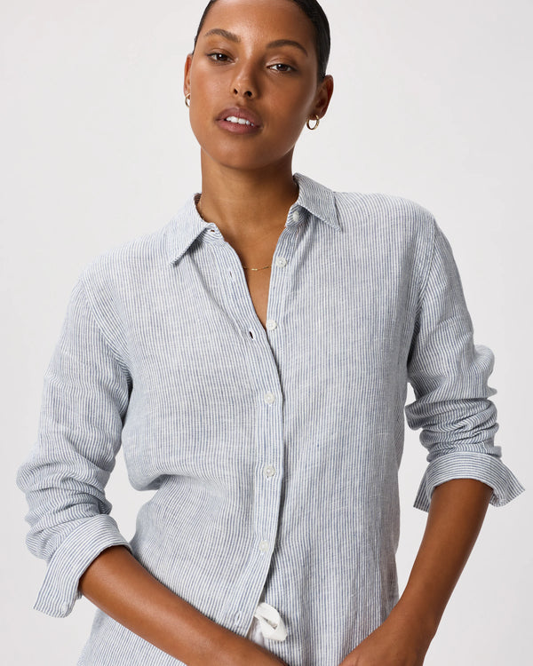 100% European Linen Long Sleeve Shirt - XS / Blue Pinstripe
