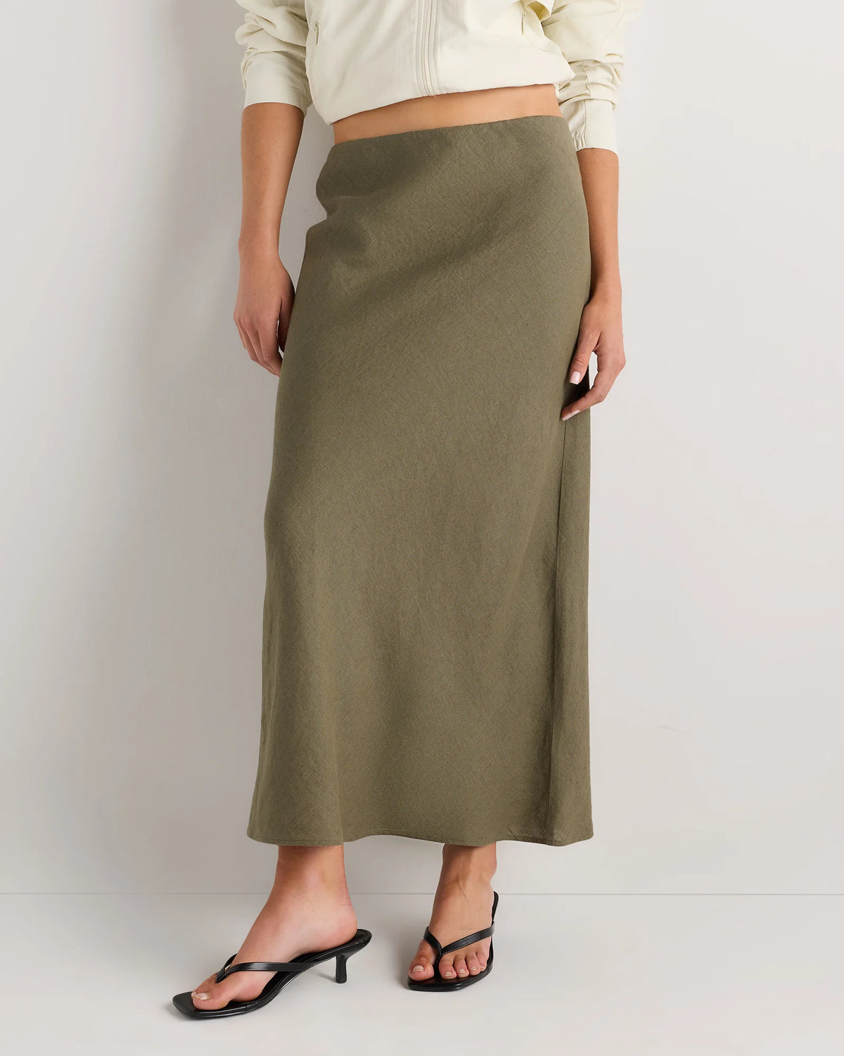 100% European Linen Midi Slip Skirt - XS / Bayberry Olive Main image
