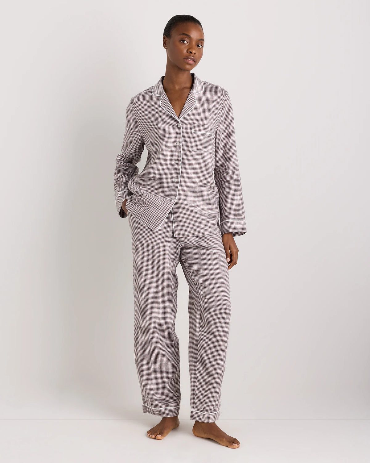 100% European Linen Long Sleeve Pajama Set with Piping - XS / Taupe Brown Gingham Main image
