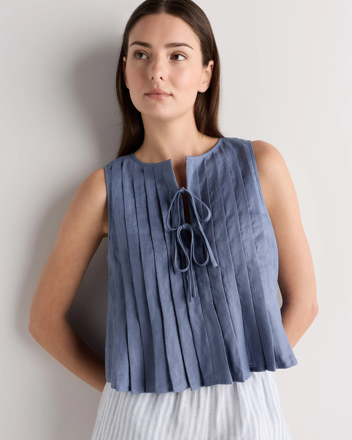 100% European Linen Pleated Tank - XS / Moonstone Blue Main image