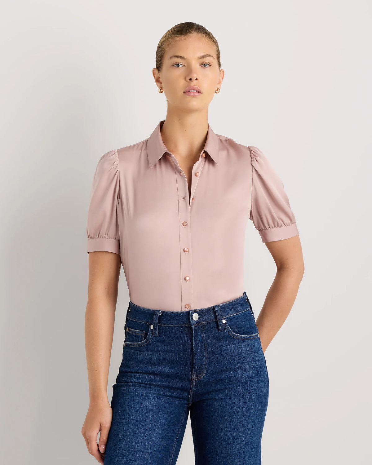 Washable Stretch Silk Puff Sleeve Blouse - XS / Vintage Pink Main image
