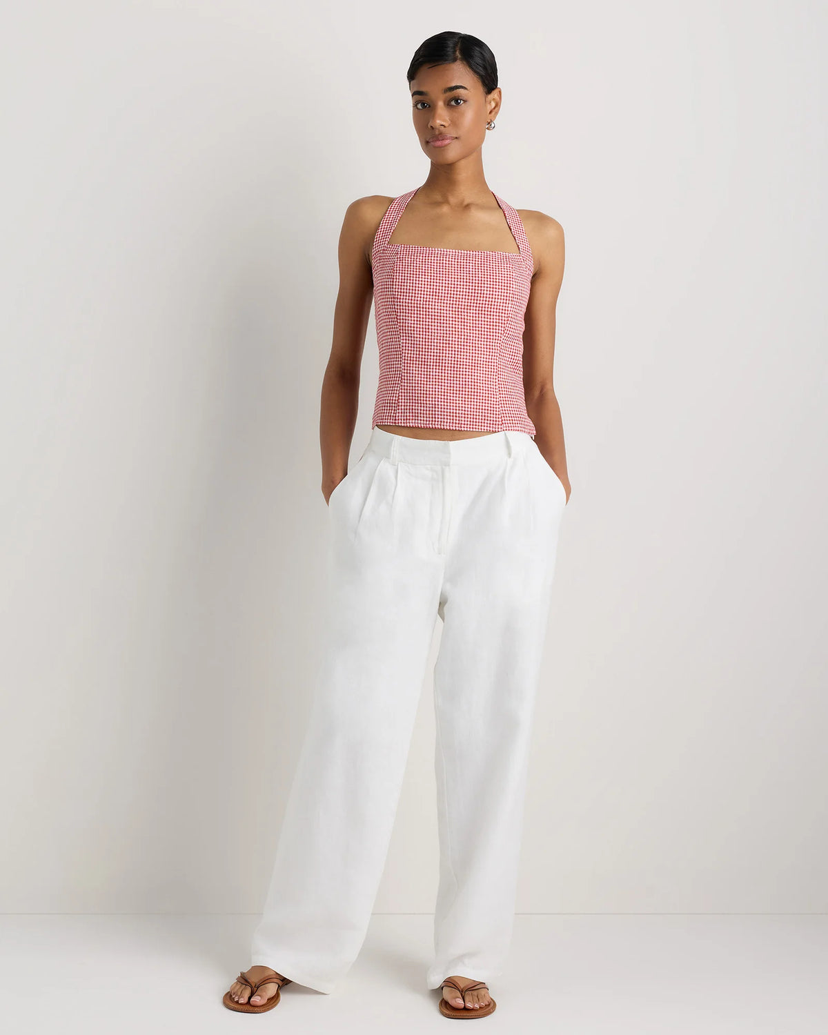 100% European Linen Halter Top - XS / Red Classic Mini Gingham Main image