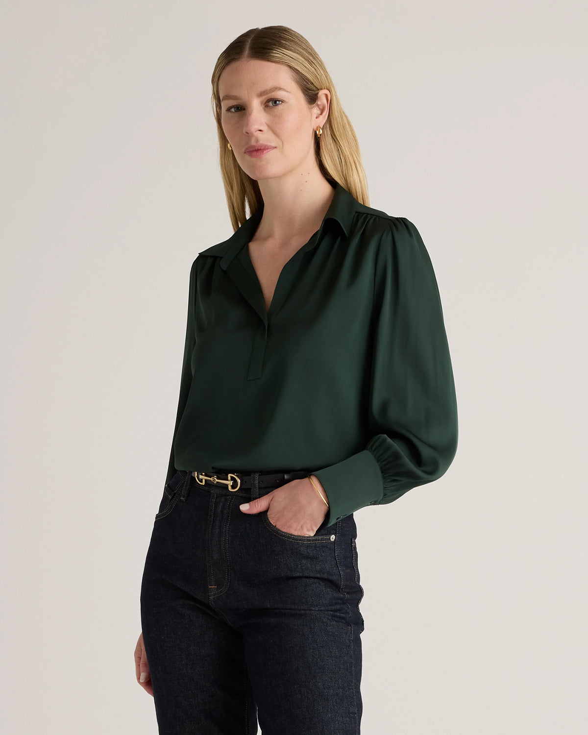 Washable Stretch Silk Split Neck Blouse - XS / Forest Green Main image