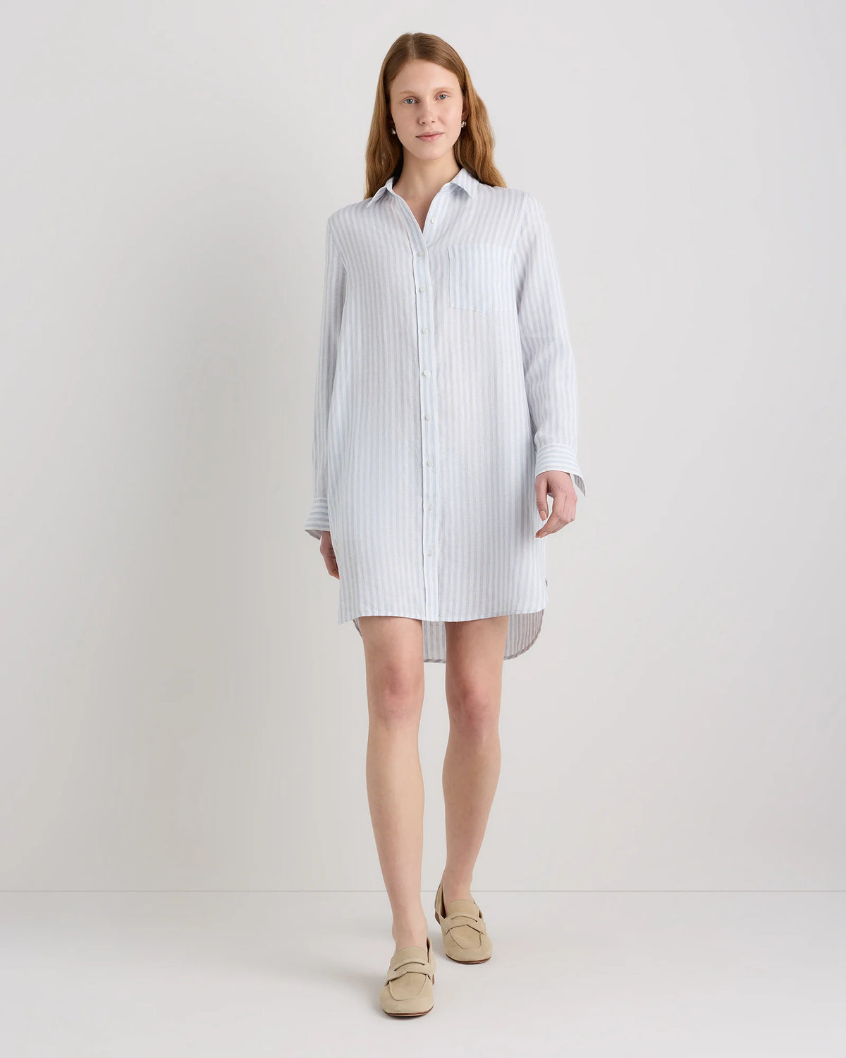 100% European Linen Shirt Dress - XS / Sky Blue Mariner Stripe Main image