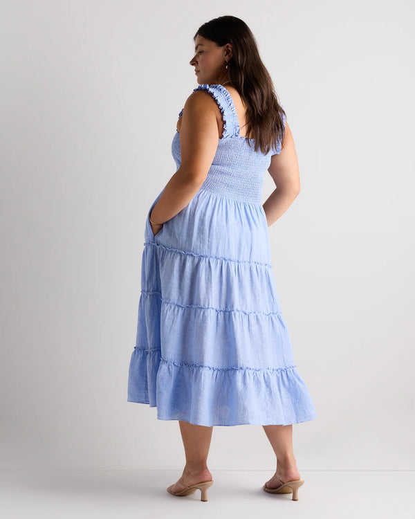 100% European Linen Smocked Midi Dress - 1X / Flax