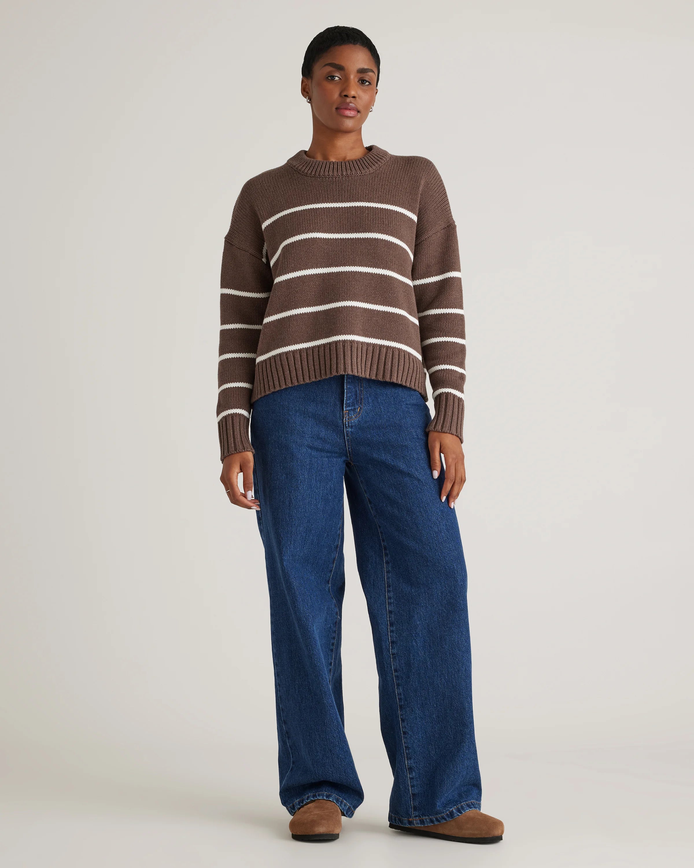 100% Organic Cotton Striped Crew Sweater - XS / Heather Brown/Ivory Secondary image