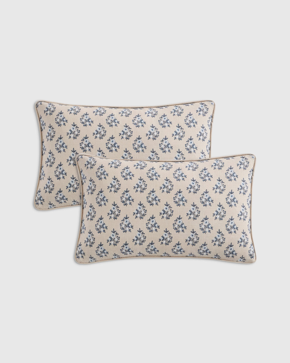 Piped Block Print Cotton Pillow Cover (Set of 2) - 12x20 / Natural Main image