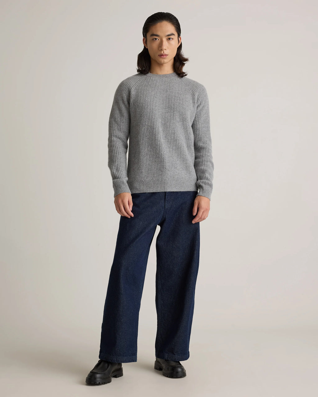 Mongolian Cashmere Fisherman Crewneck Sweater - S / Navy Marl