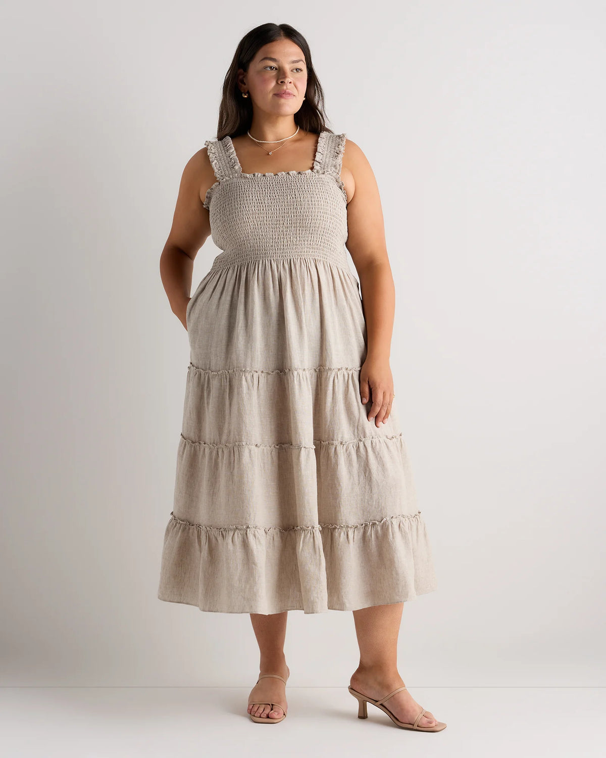 100% European Linen Smocked Midi Dress - 1X / Flax Main image