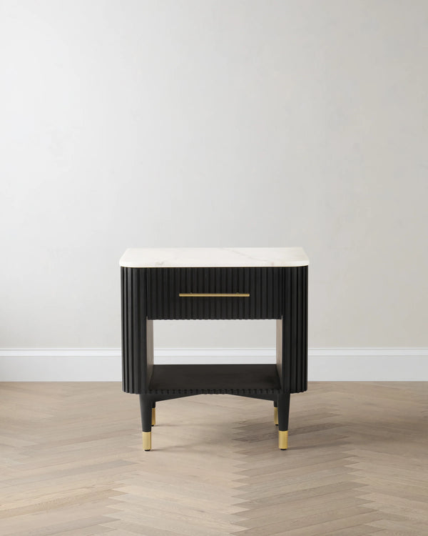 Fluted Wood and Genuine Marble Open Nightstand - One Size / Cream/Black