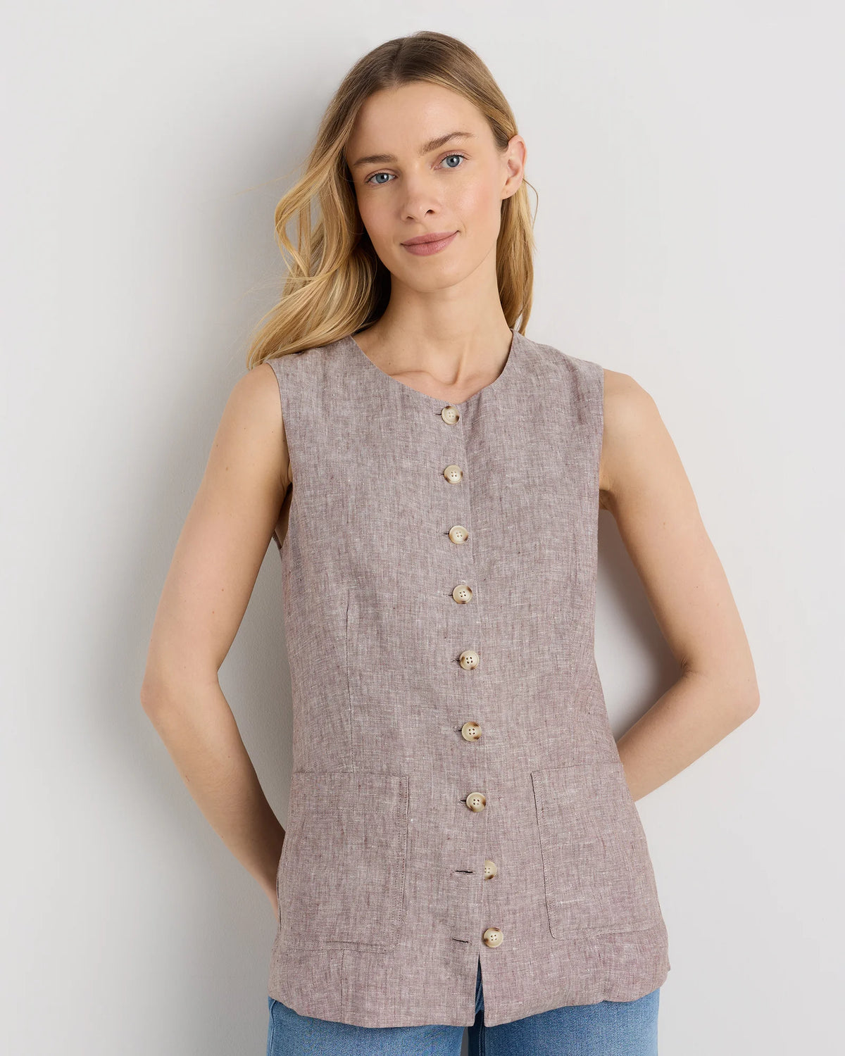 100% European Linen Longline Vest - XS / Taupe Brown Chambray Main image
