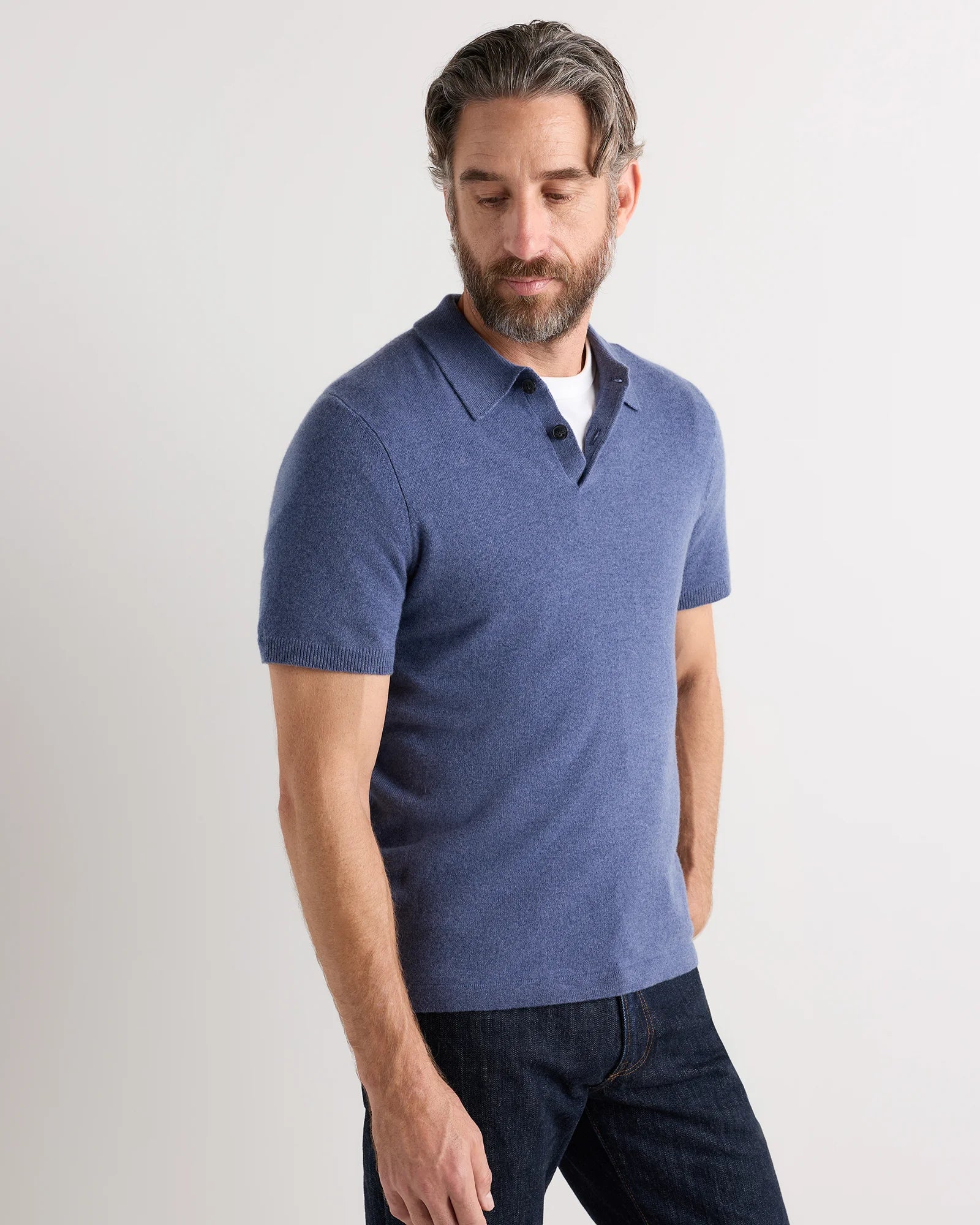 100% Mongolian Cashmere Short Sleeve Polo Sweater - S / Heather Storm Blue Secondary image