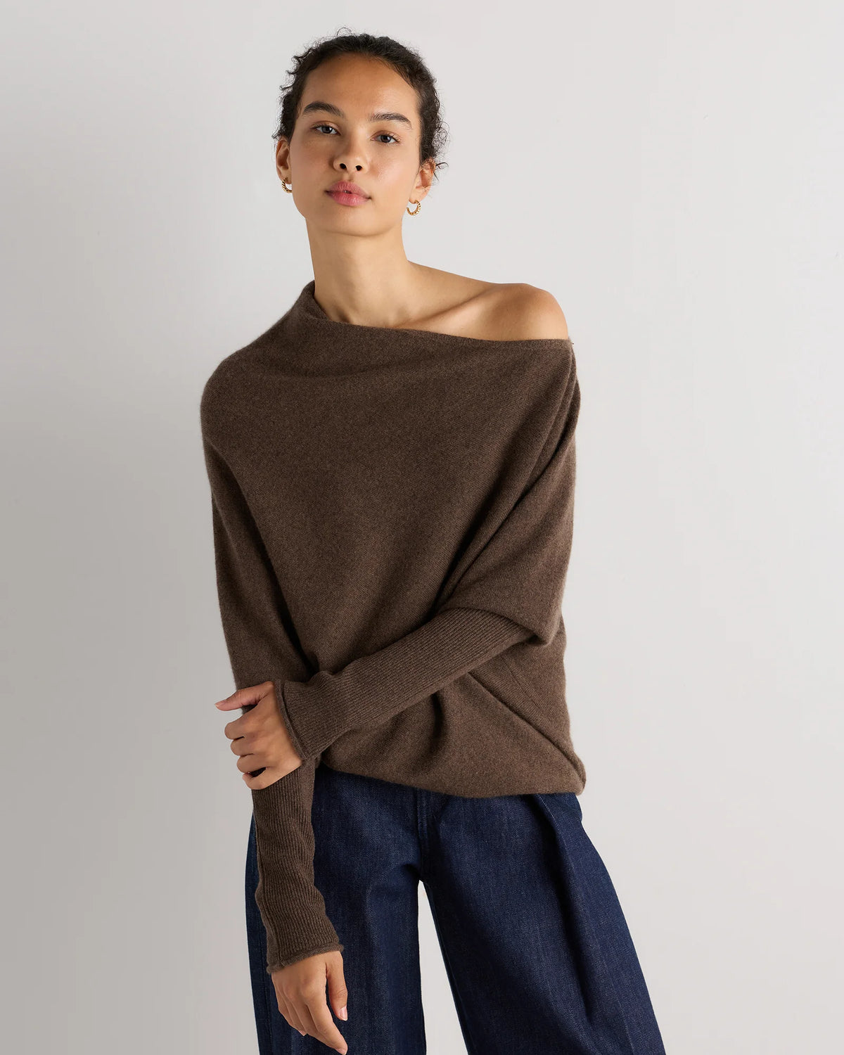 100% Mongolian Cashmere Asymmetric Draped Sweater - XS / Brown Main image