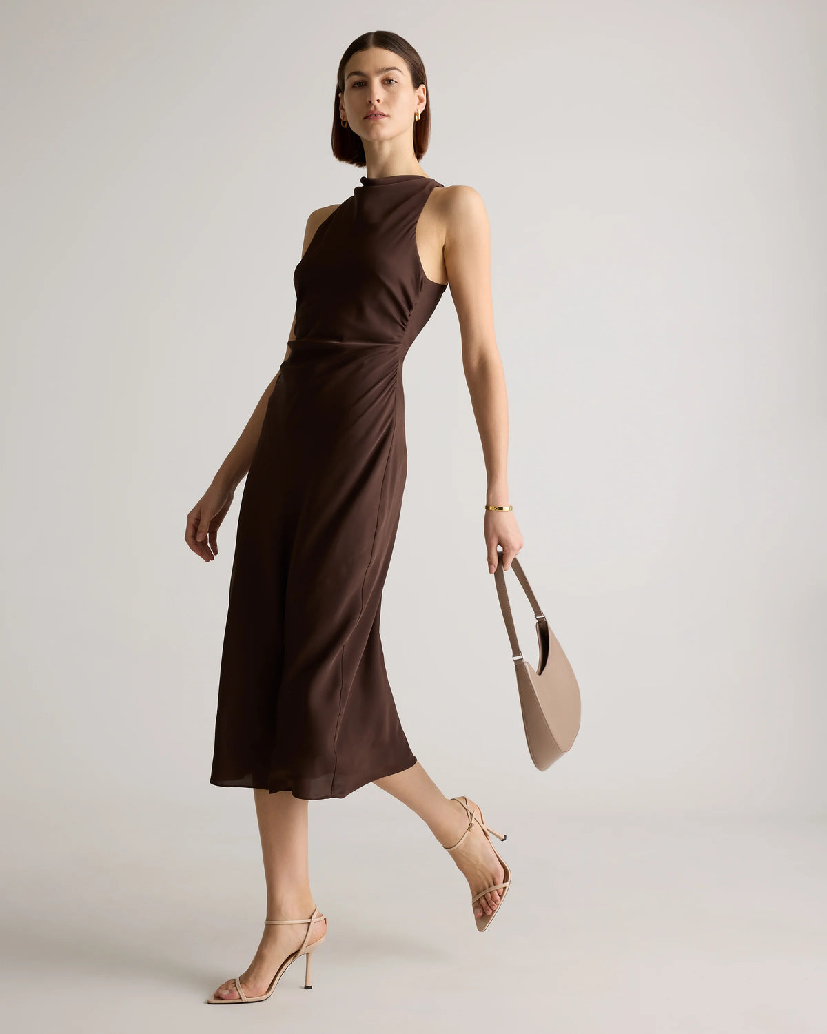 Washable Stretch Silk High Neck Midi Dress - XS / Vintage Navy Roses