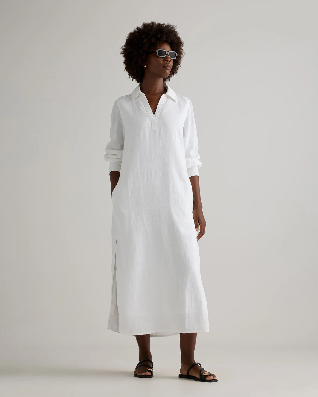 100% European Linen Popover Maxi Dress - XS / Blue Pinstripe