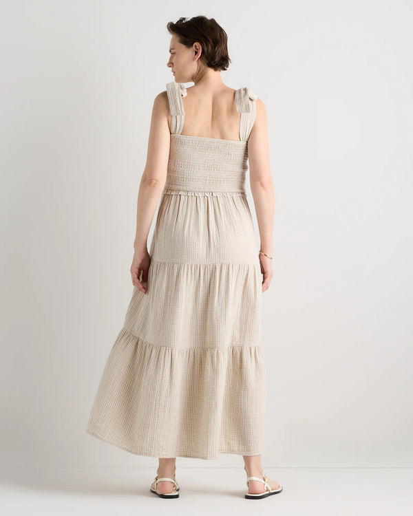 100% Organic Cotton Gauze Smocked Sleeveless Midi Dress - XS / Khaki Gingham