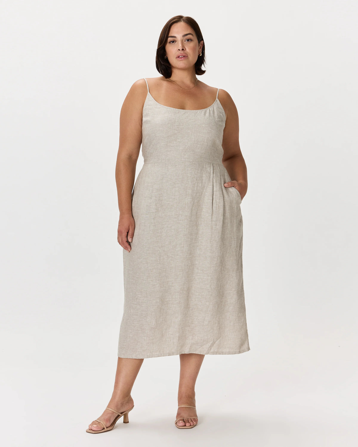 100% European Linen Scoop Neck Midi Dress - 1X / Deep Navy