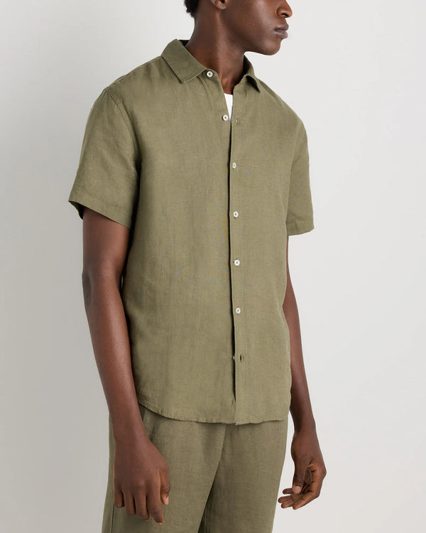 100% European Linen Relaxed Short Sleeve Shirt - XS / Taupe Brown Chambray