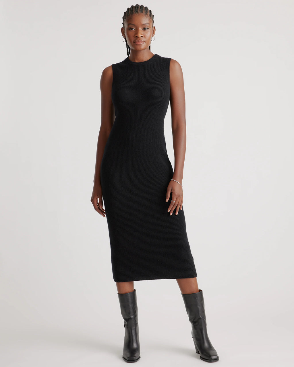 Mongolian Cashmere Sleeveless Midi Sweater Dress - XS / Black