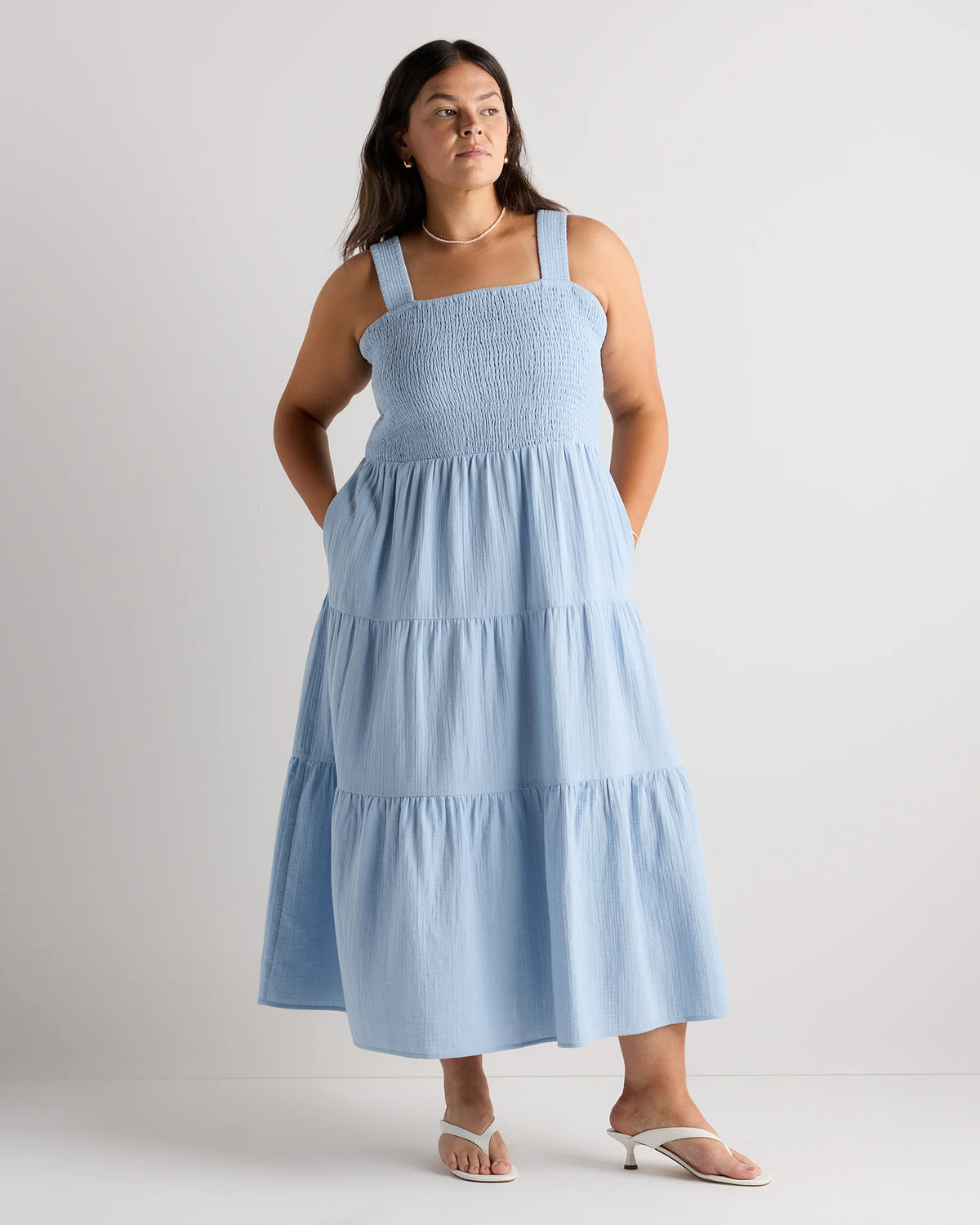 100% Organic Cotton Gauze Smocked Sleeveless Maxi Dress - 1X / Ocean Breeze Main image