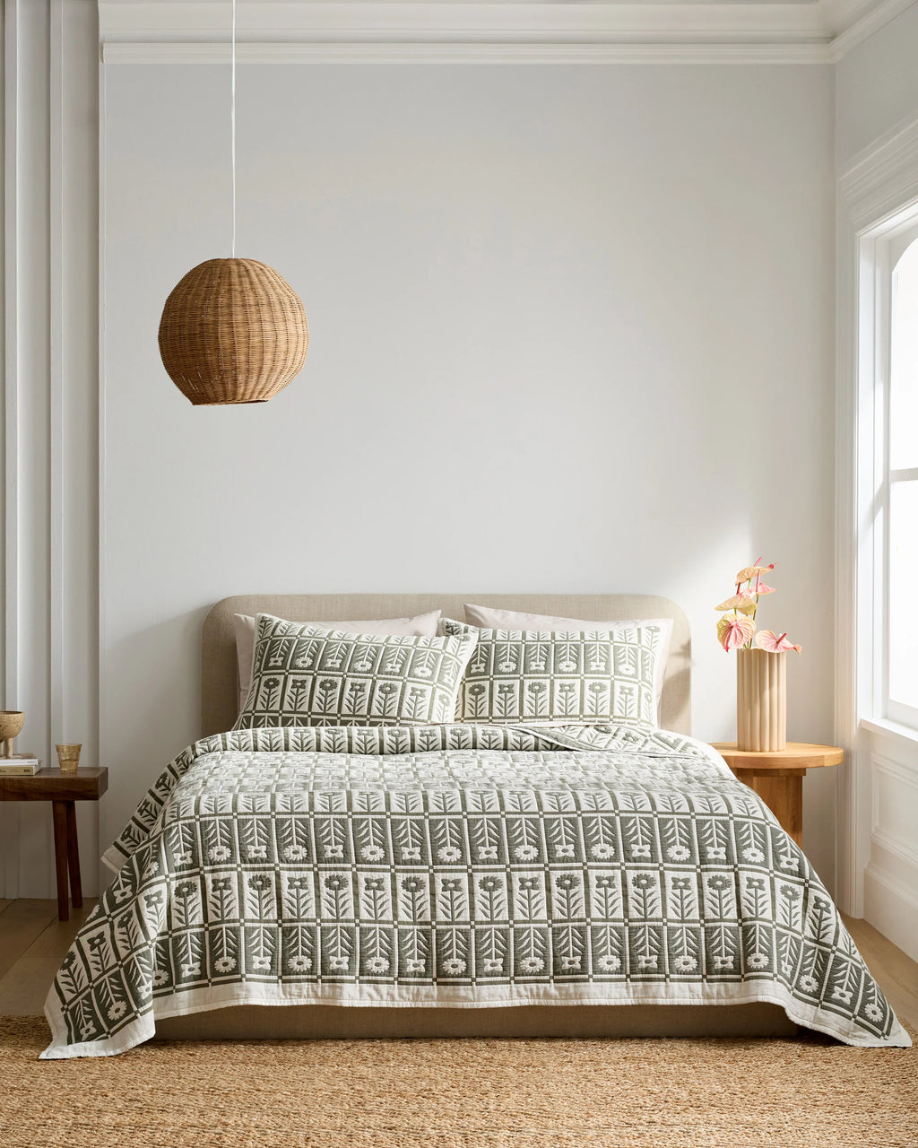 Organic Cotton Jacquard Floral Coverlet - Twin / Blue Fog