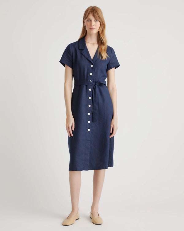 100% European Linen Button Front Dress - XS / Sky Blue Mariner Stripe