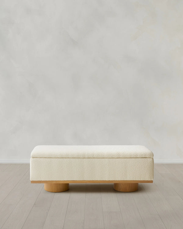 Oak and Performance Boucle Storage Bench - One Size / Ivory